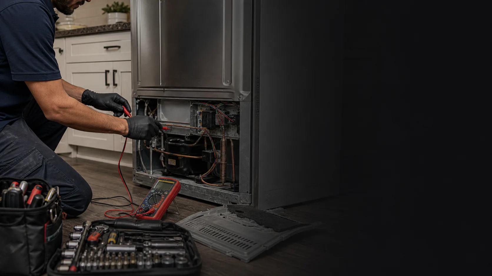 Appliance repair technician testing wiring inside a residential refrigerator