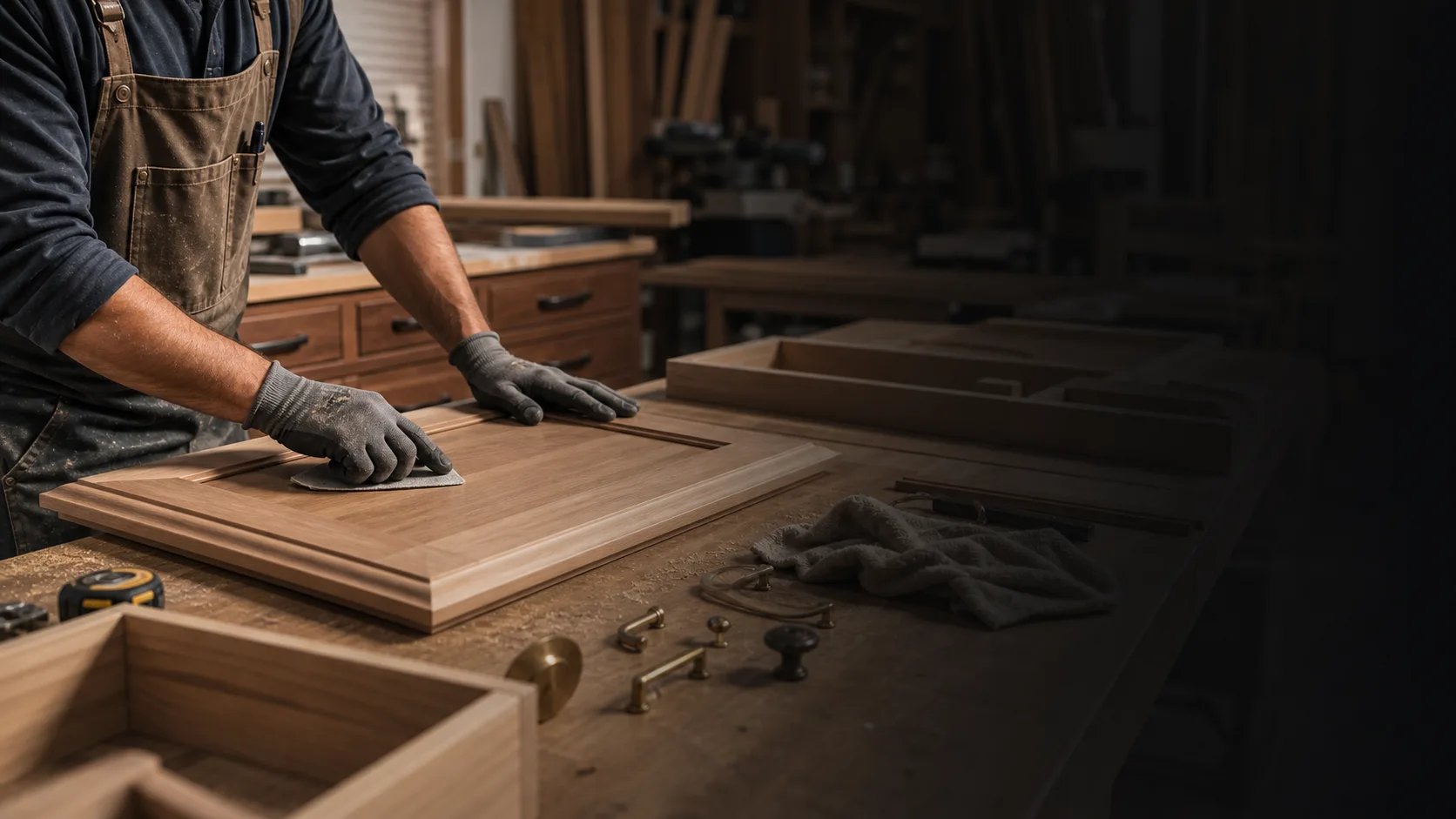 Cabinet maker sanding a custom wood cabinet door in a workshop