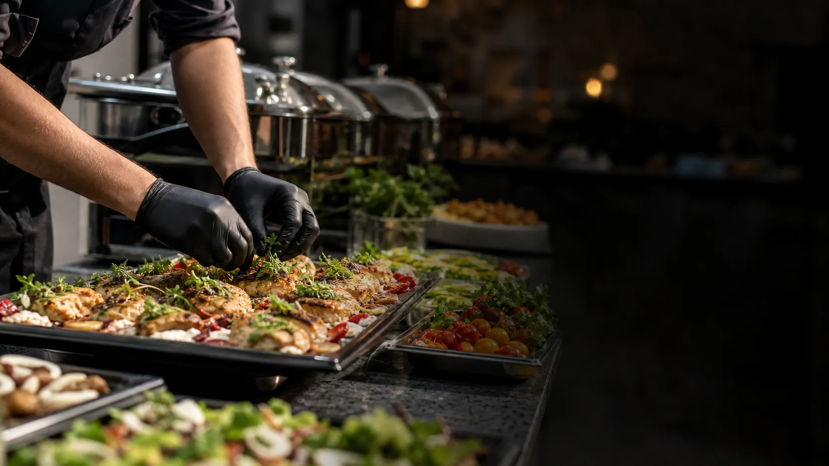 Caterer arranging prepared food on trays for an event