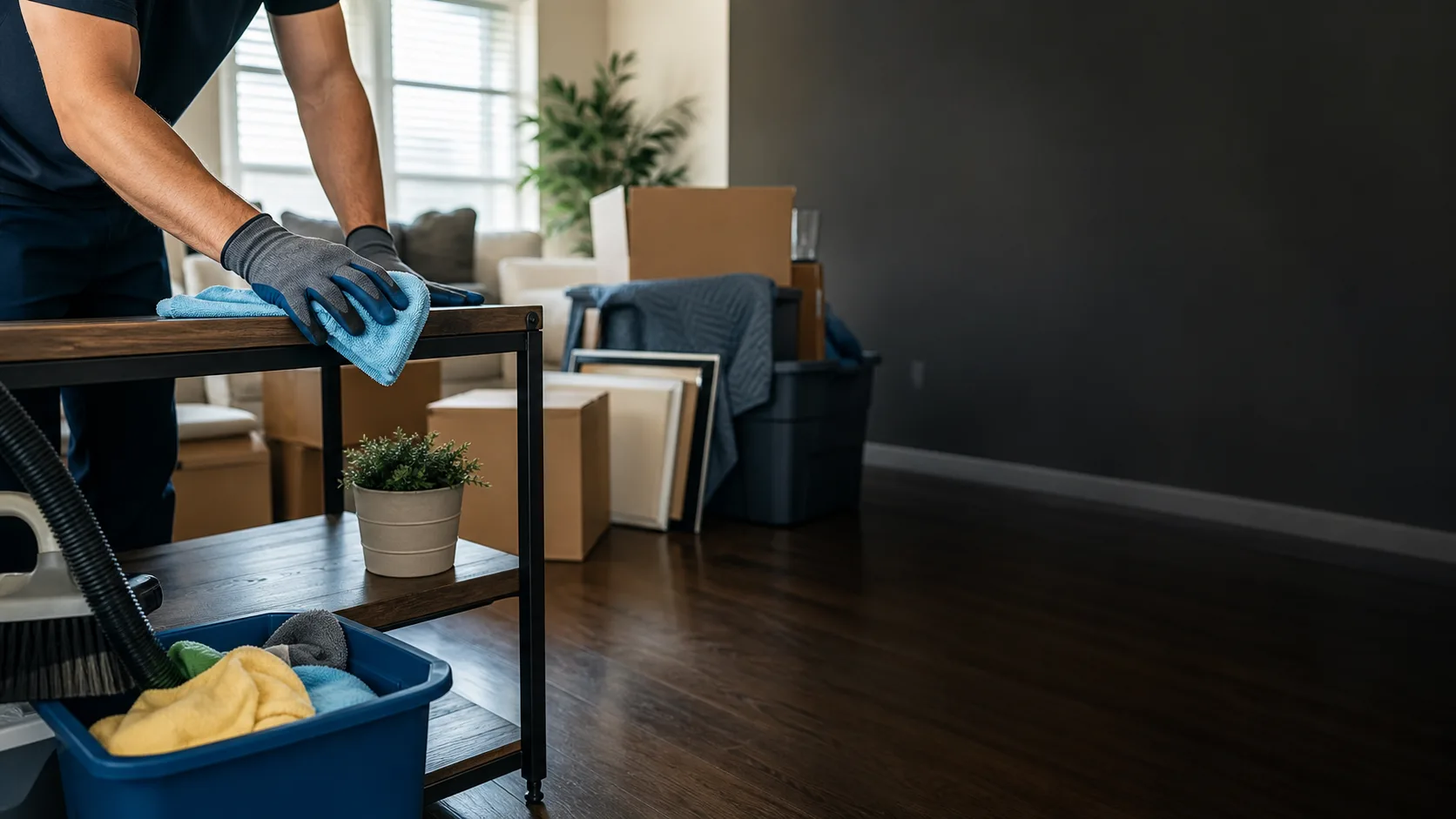 Cleaning service worker wiping furniture in a residential room with moving bins nearby