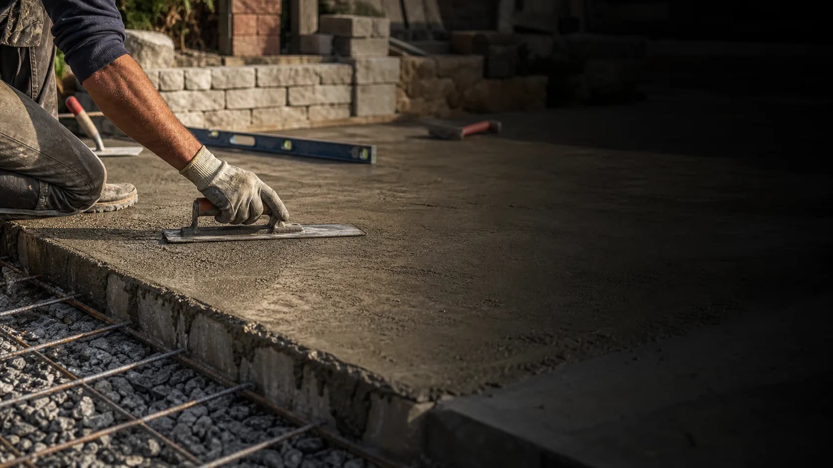 Concrete contractor finishing a residential slab with tools nearby