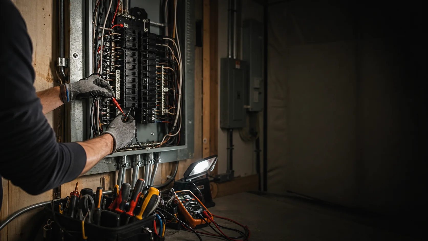 Electrician testing an open residential electrical panel with tools nearby