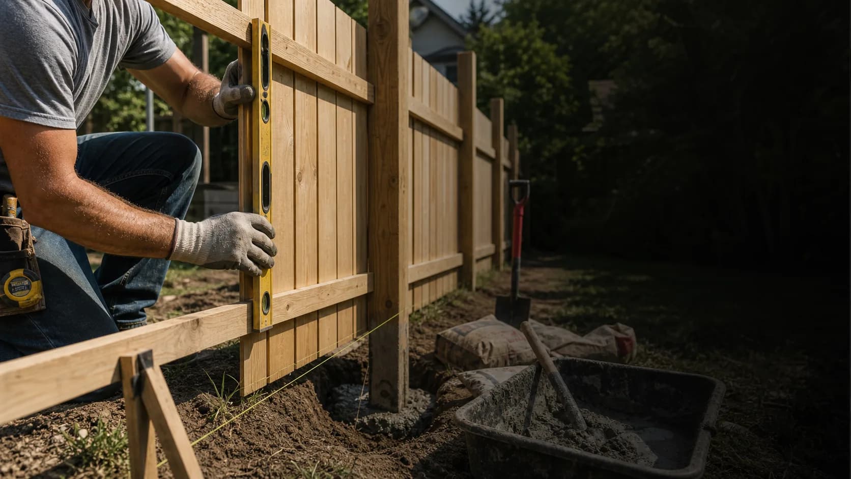 Fence contractor setting a wood fence panel along a residential yard
