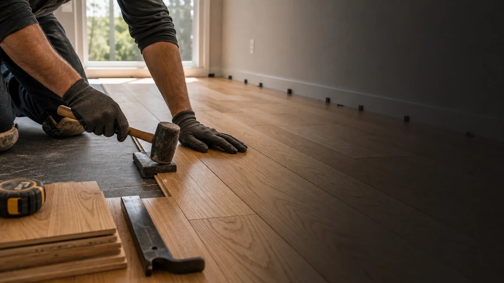 Flooring contractor installing straight hardwood planks in a residential room