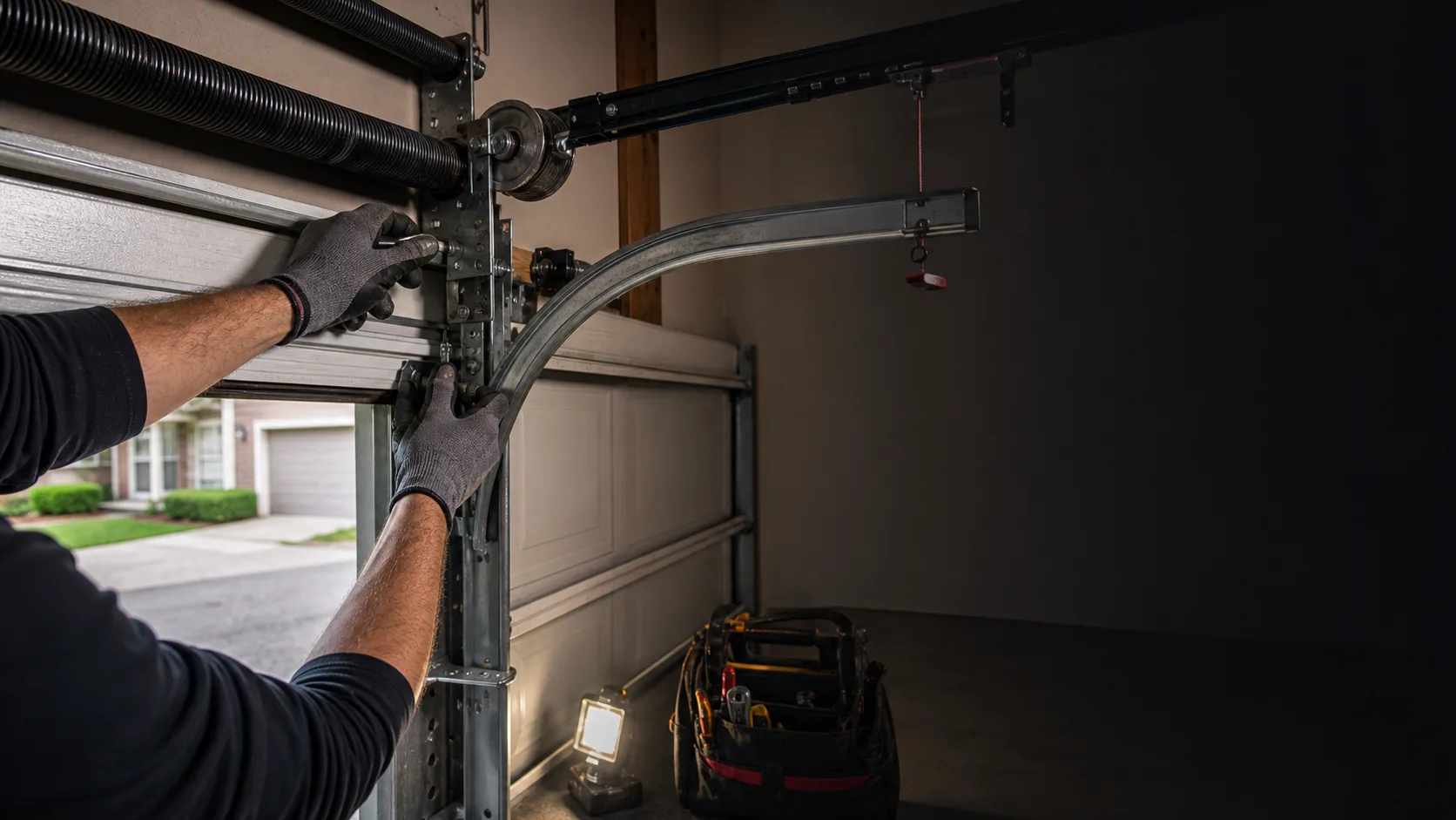 Garage door technician repairing a residential door track and spring assembly