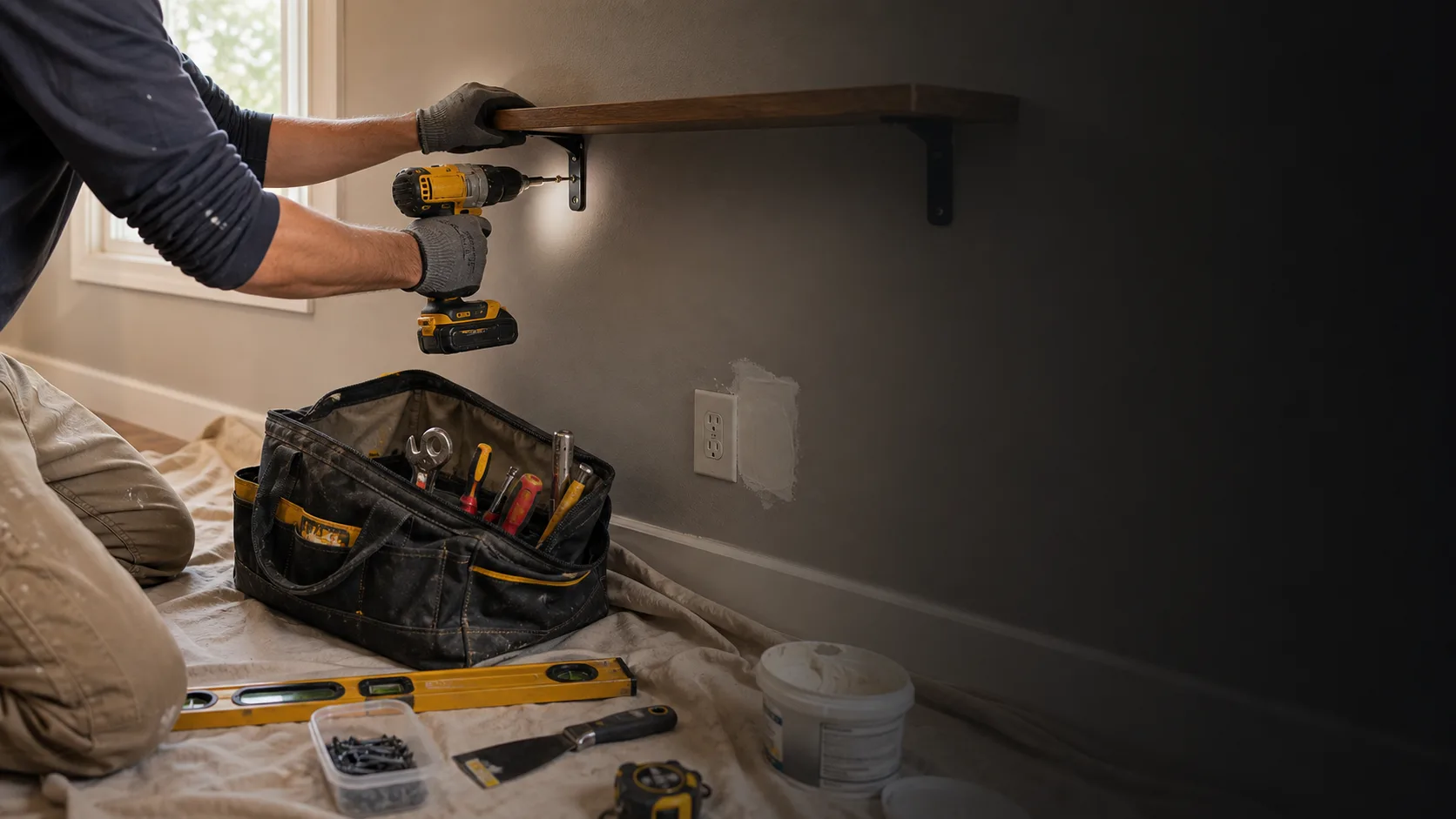 Handyman fastening a wall shelf with a drill and tool bag nearby