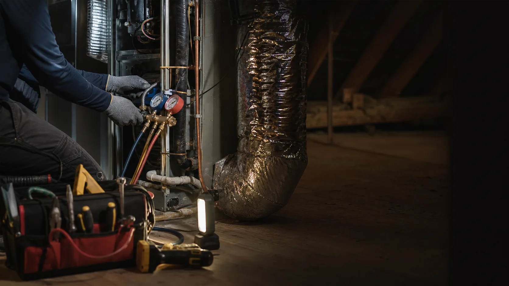HVAC technician working on equipment with gauges and ductwork in an attic
