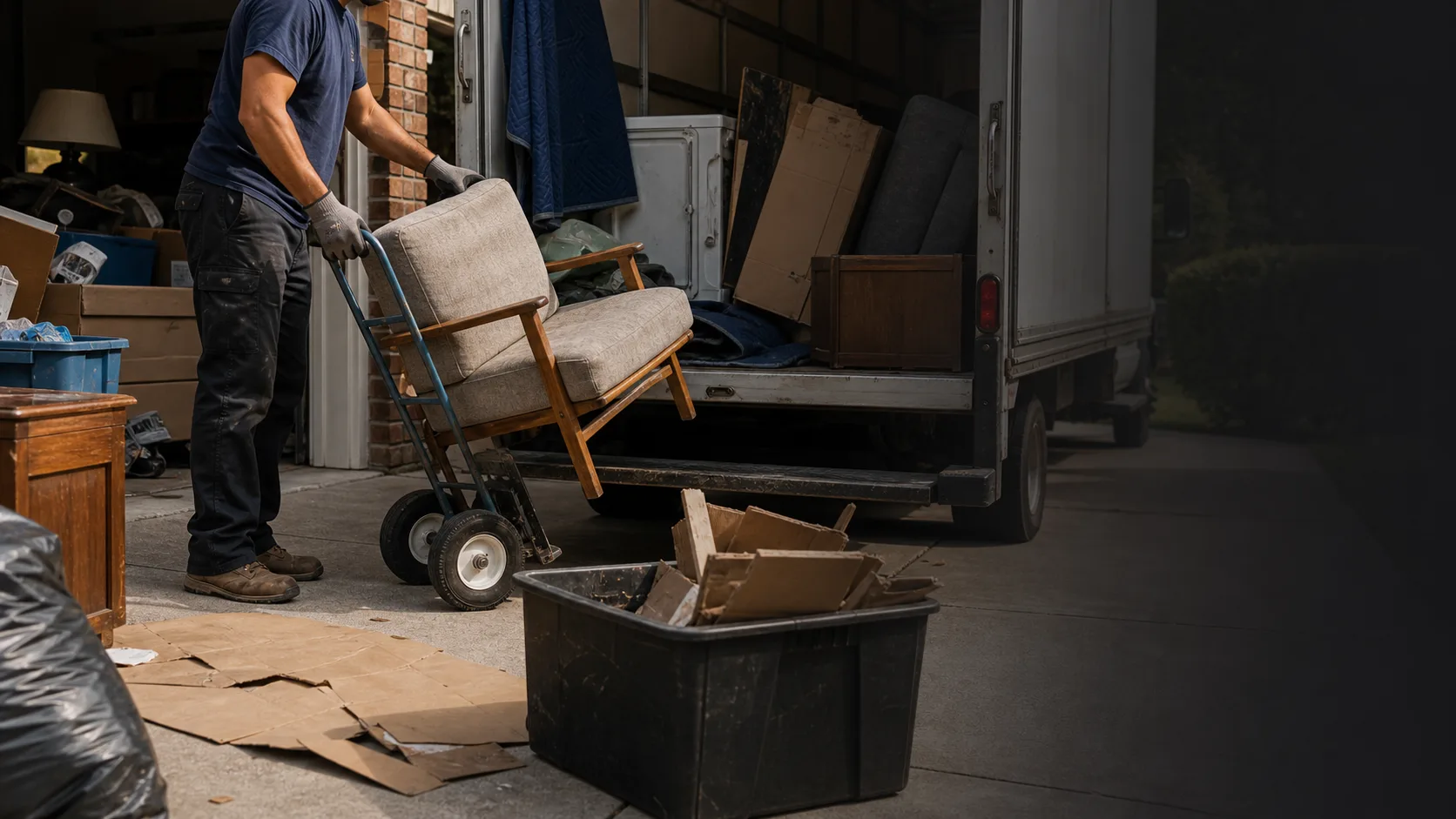 Junk removal worker loading furniture into a box truck from a residential garage