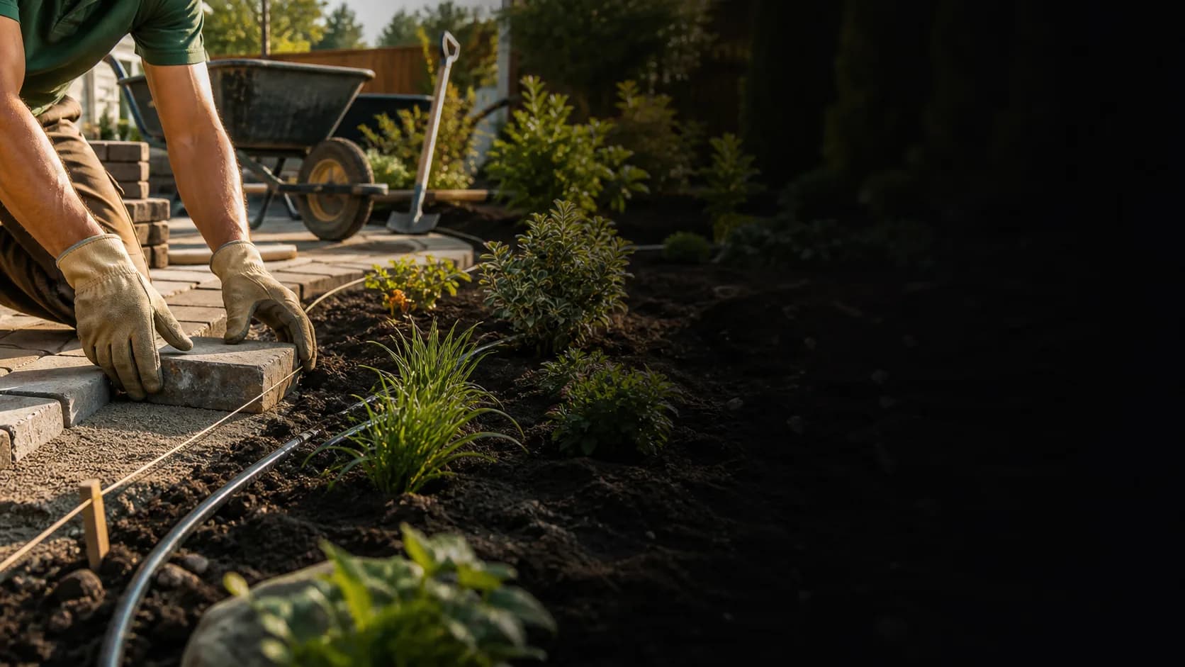 Landscaper setting pavers and plants in a residential backyard project