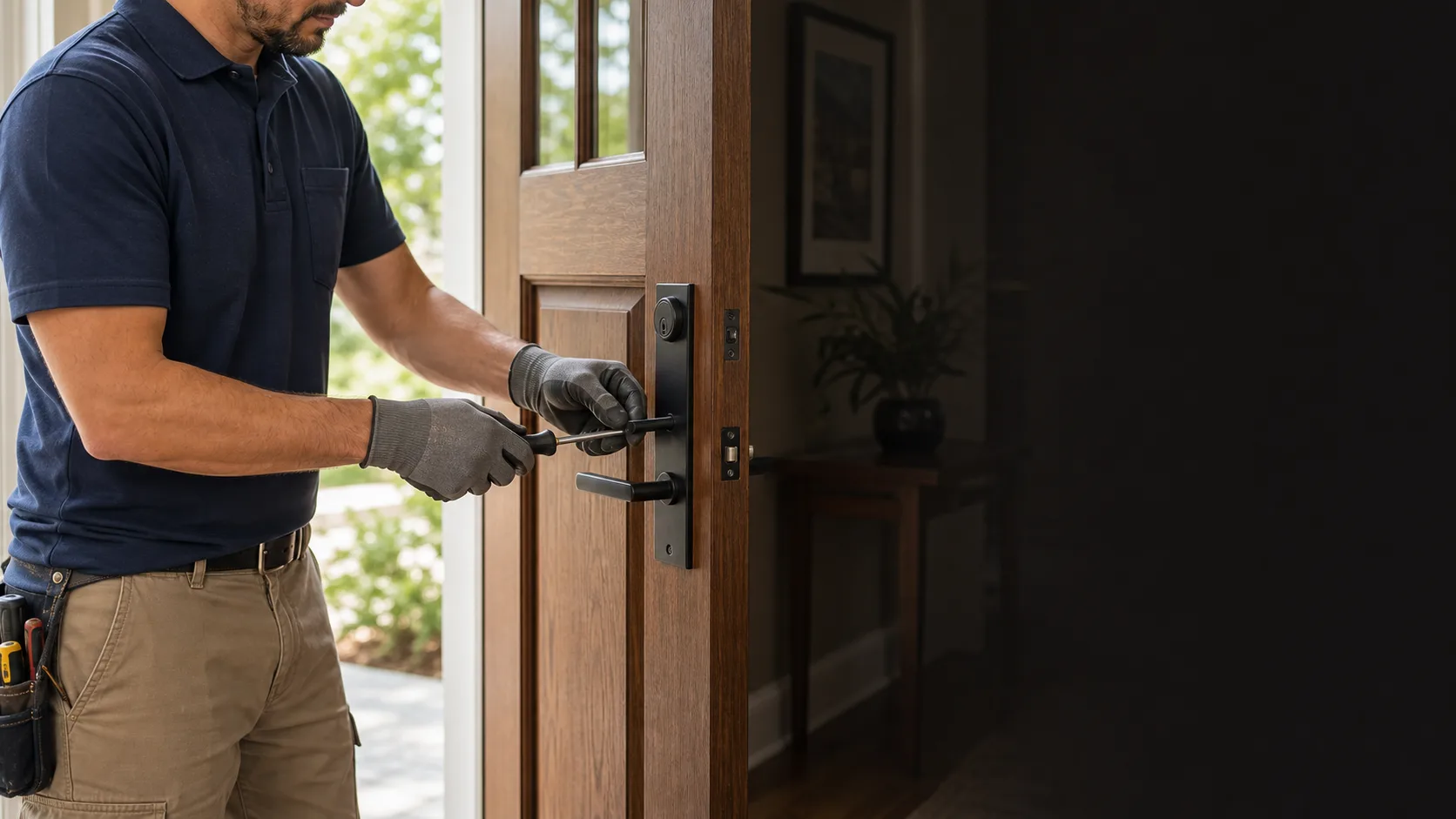 Locksmith standing while installing a residential front door handle set