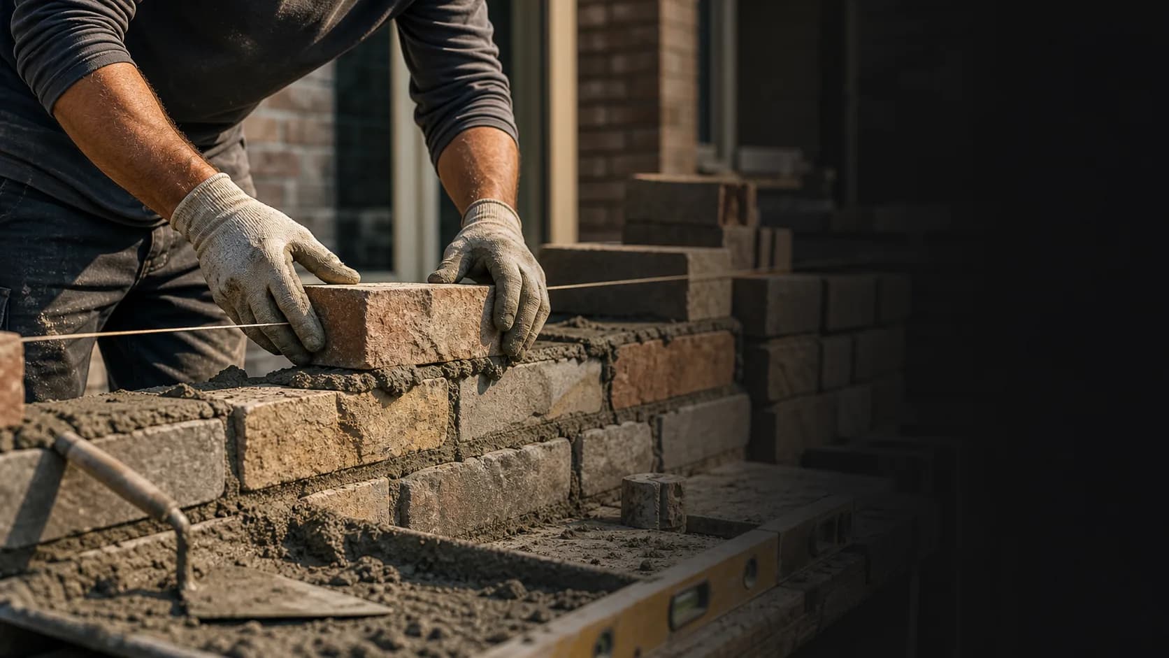 Masonry contractor setting stone blocks with mortar and a level