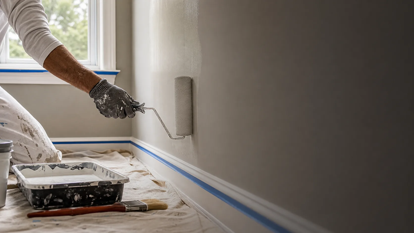 Painter rolling a clean coat of paint on an interior residential wall
