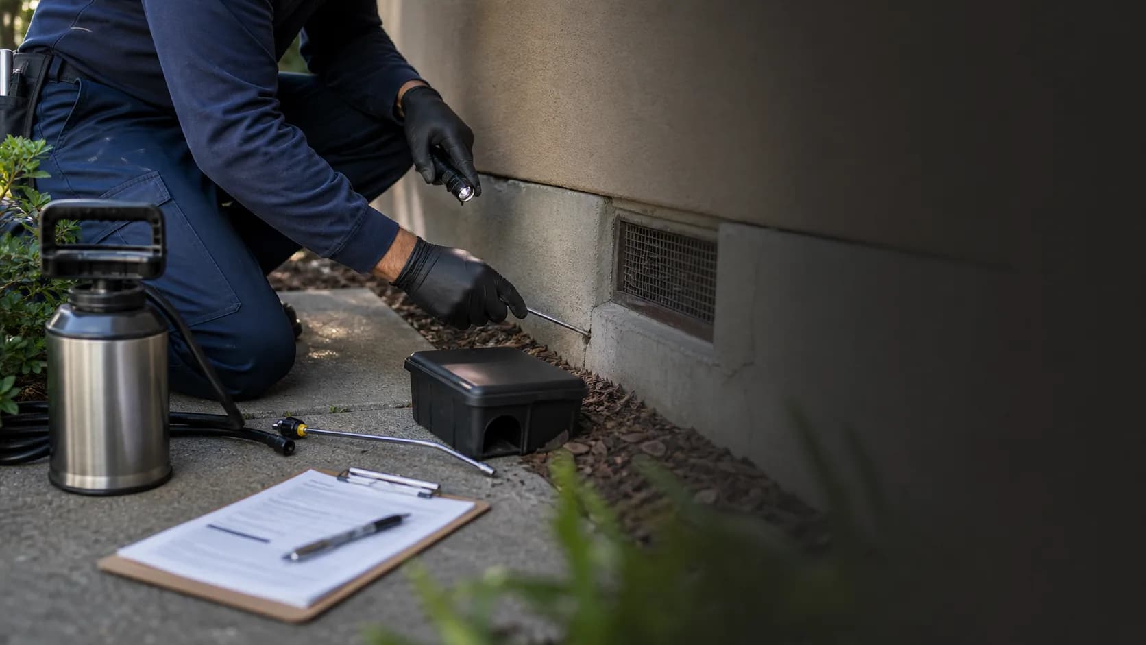 Pest control technician inspecting a home exterior foundation with treatment equipment