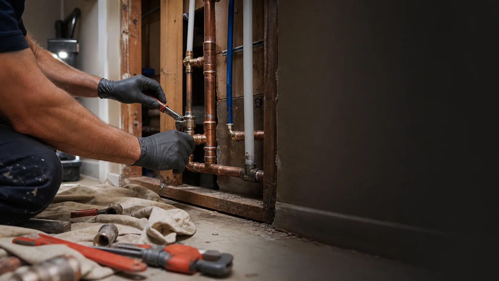 Plumber working on copper and PEX lines inside an open residential wall