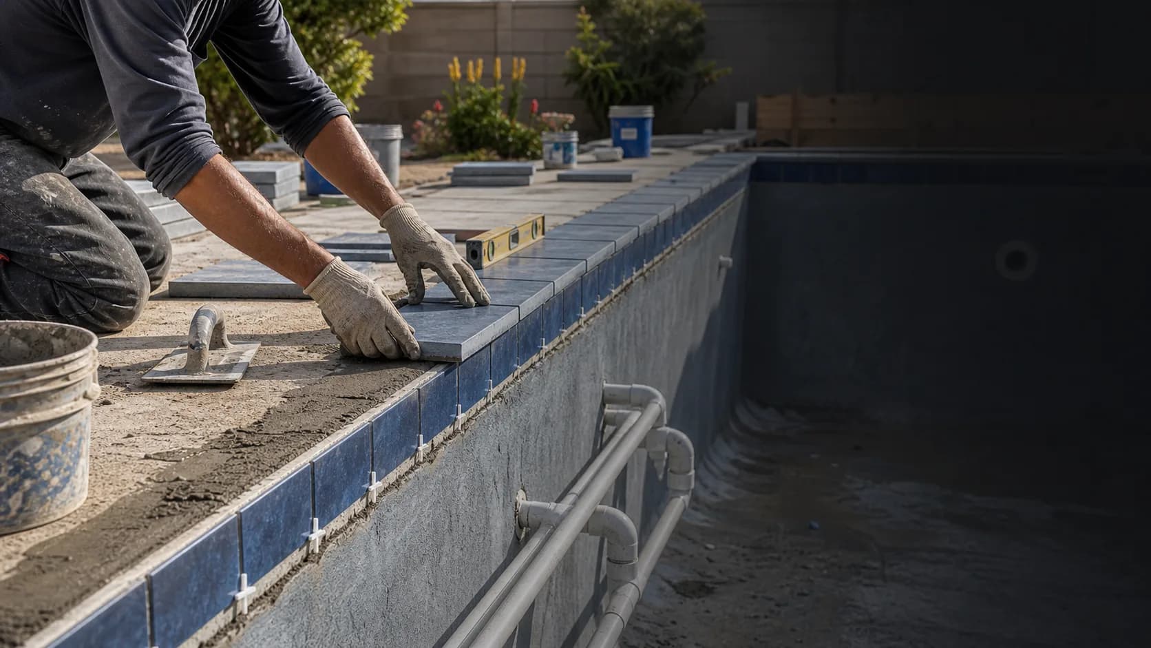 Pool contractor setting coping and tile during an in-ground swimming pool build