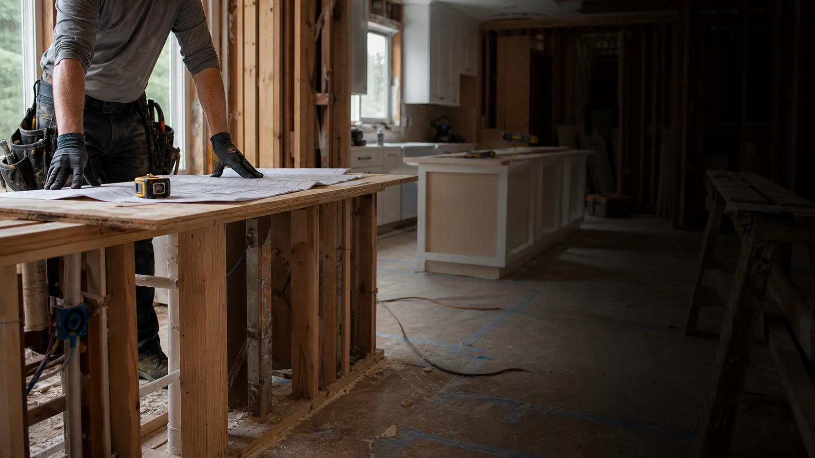 General contractor reviewing plans in an active residential remodel