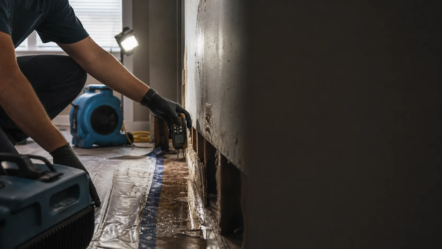Restoration technician using a moisture meter near a water-damaged wall