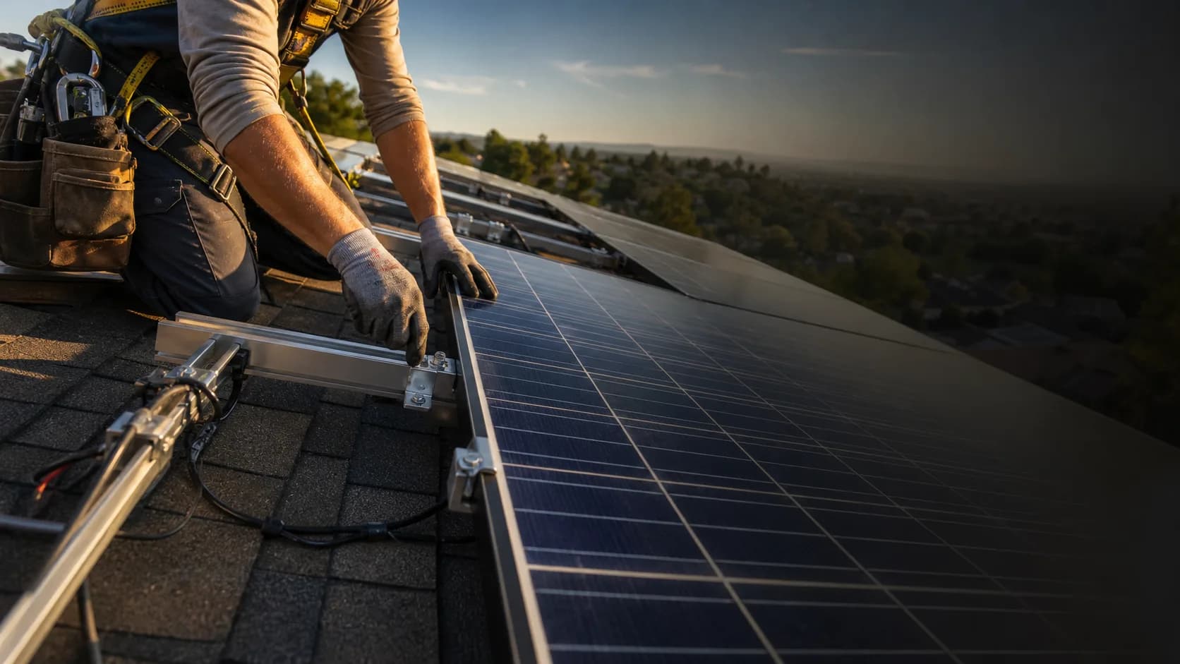 Solar installer fastening panel rails on a residential roof