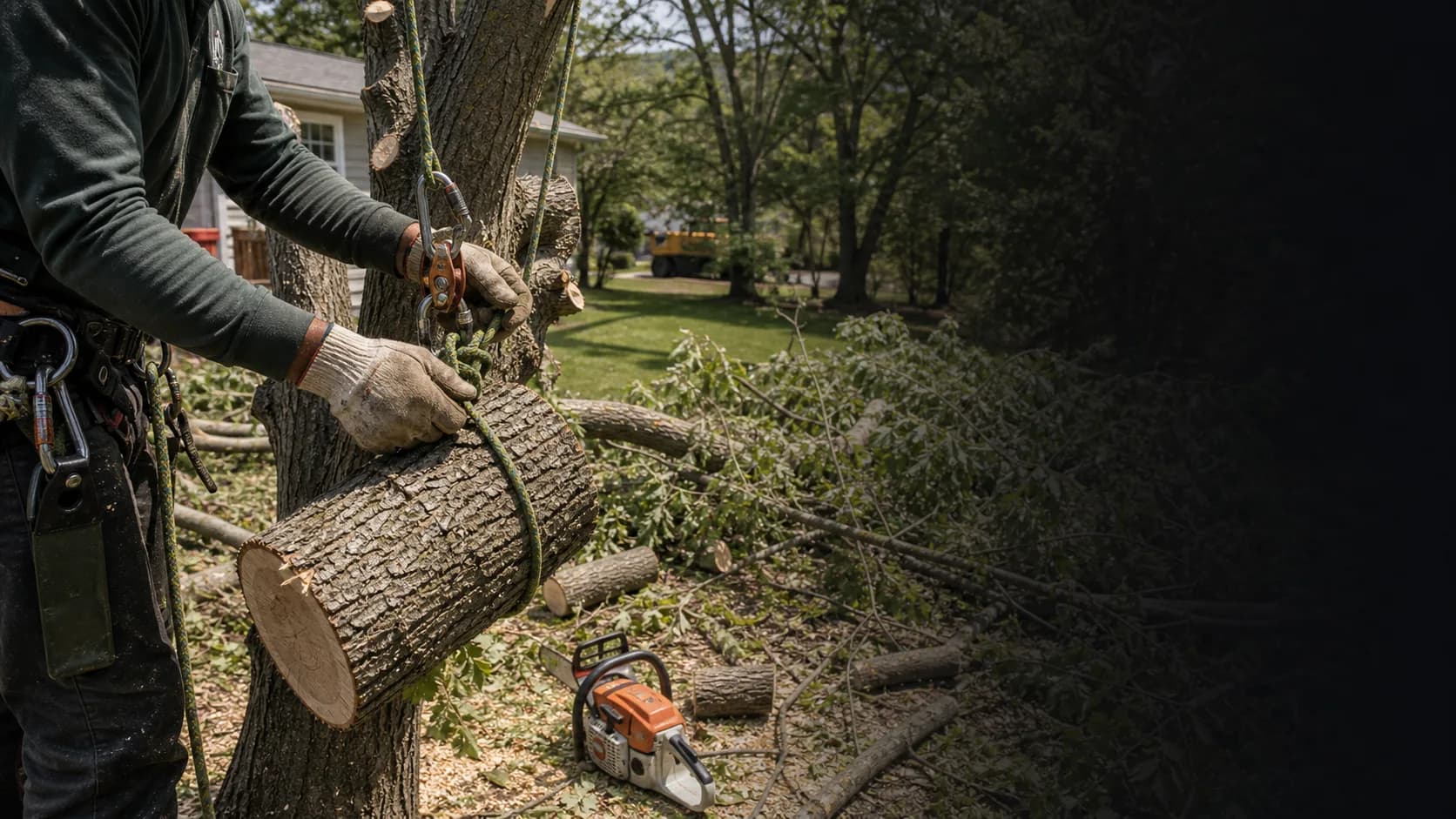 Tree service crew cutting and lowering branches during a residential removal